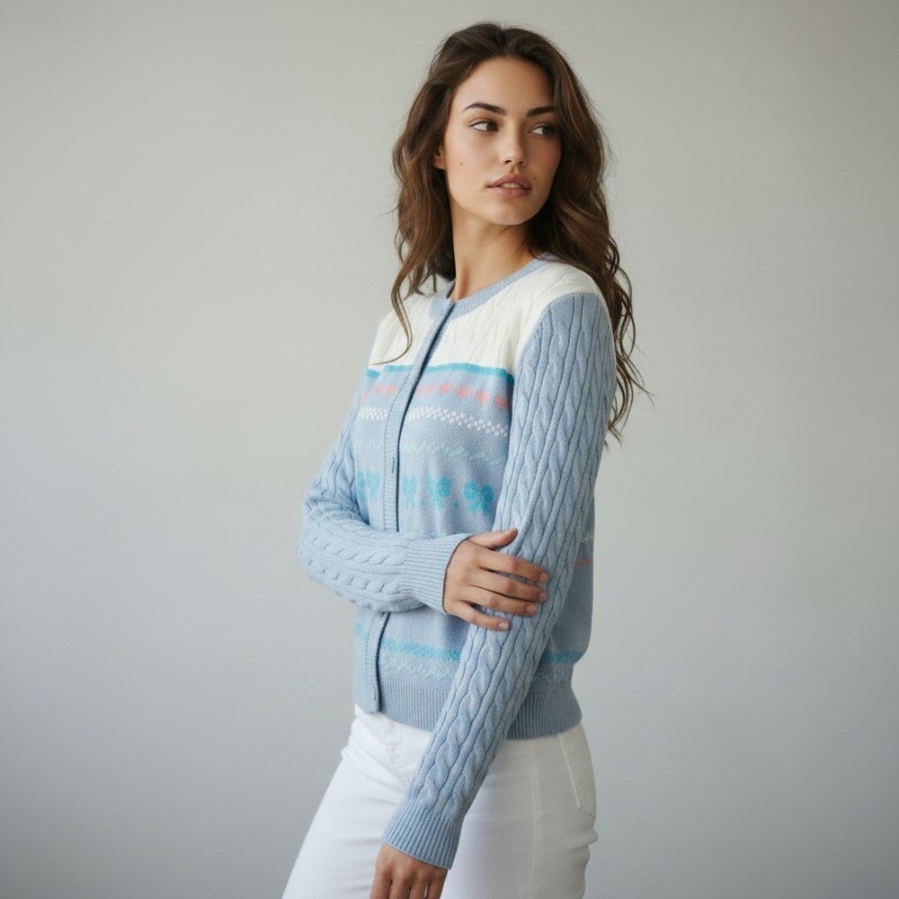 Beach Riot Womens Blue White Heart Bow Fair Isle Cable Knit Cardigan Sweater M
